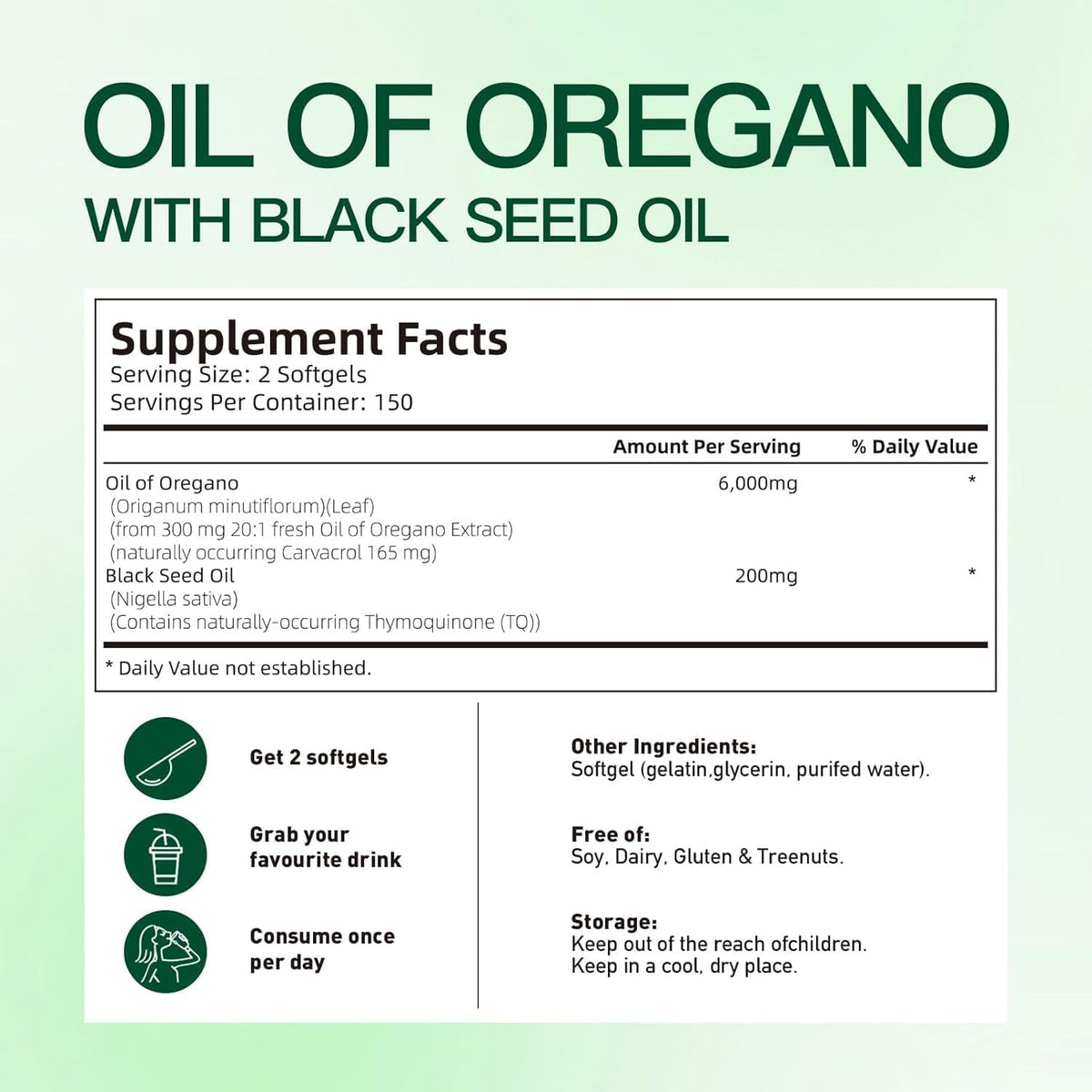 Oil of Oregano with Black Seed Oil, Balanced Oil of Oregano Capsules, Organic Oregano Oil Softgels, Non-Gmo(300 Count/1 Pack)