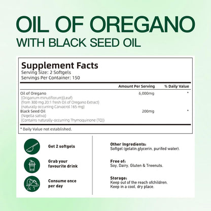 Oil of Oregano with Black Seed Oil, Balanced Oil of Oregano Capsules, Organic Oregano Oil Softgels, Non-Gmo(300 Count/1 Pack)