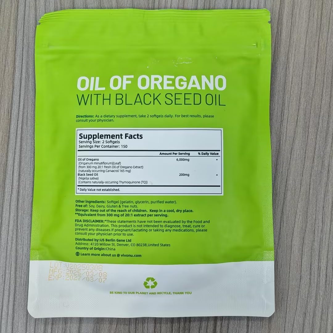 Oil of Oregano with Black Seed Oil, Balanced Oil of Oregano Capsules, Organic Oregano Oil Softgels, Non-Gmo(300 Count/1 Pack)